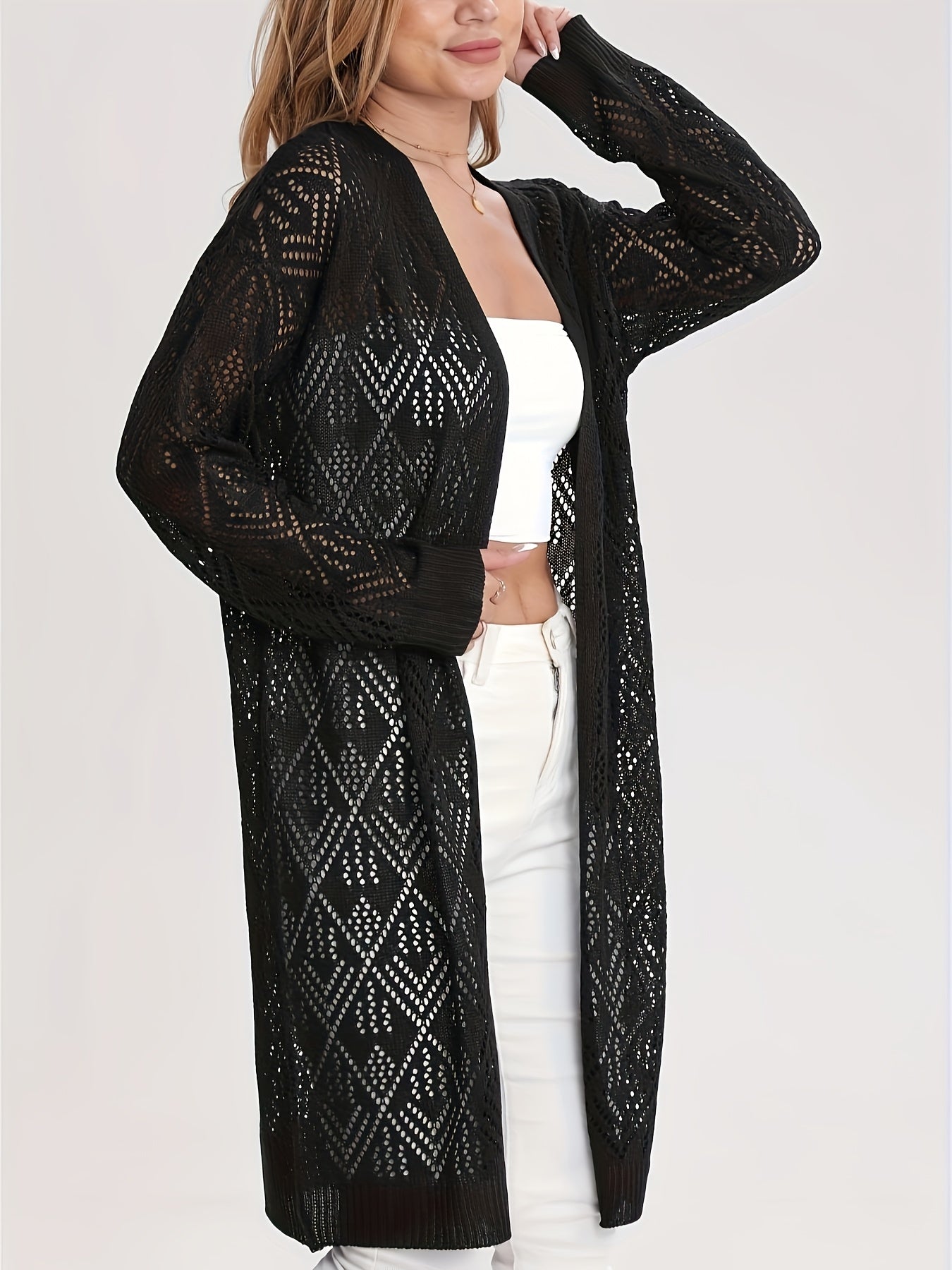Plus-Size Women's Lace Cardigan Open Front Beach Cover-Up Lightweight Spring Summer Black