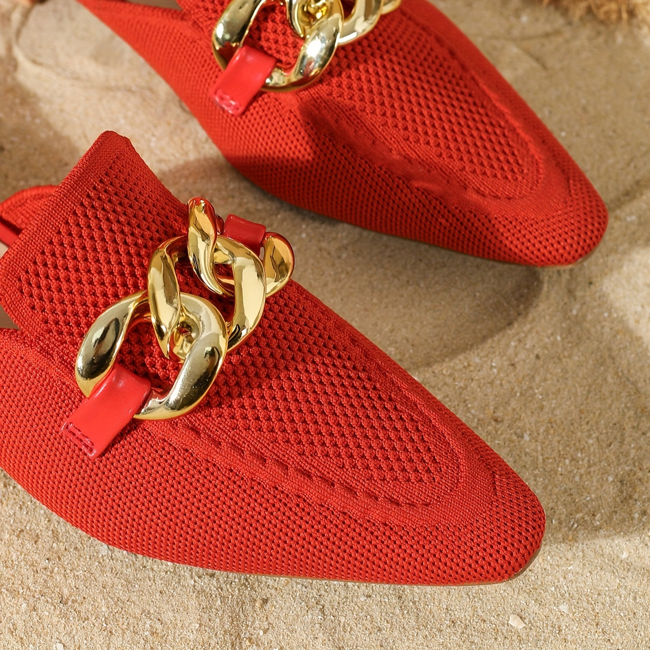 Women's Knitted Mules with Metallic Chain, Breathable Slip-On Shoes