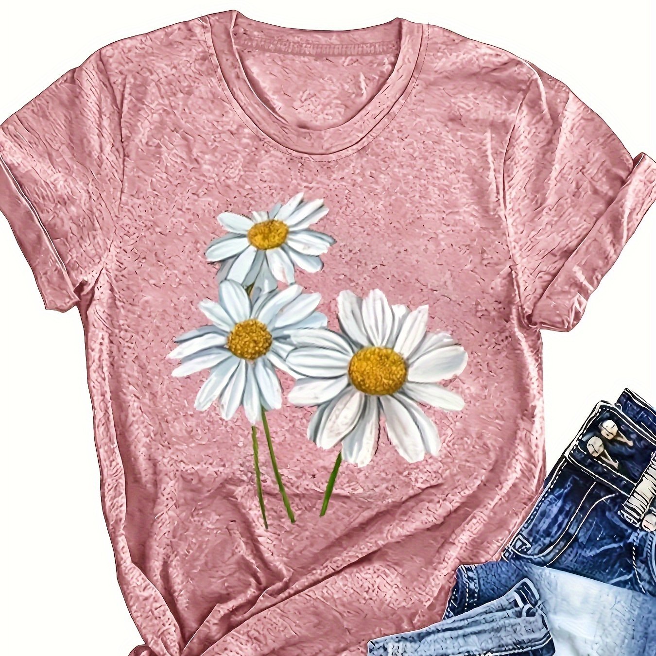 Women's Summer Floral Print T-Shirt Soft Pink Short Sleeve Breathable Top