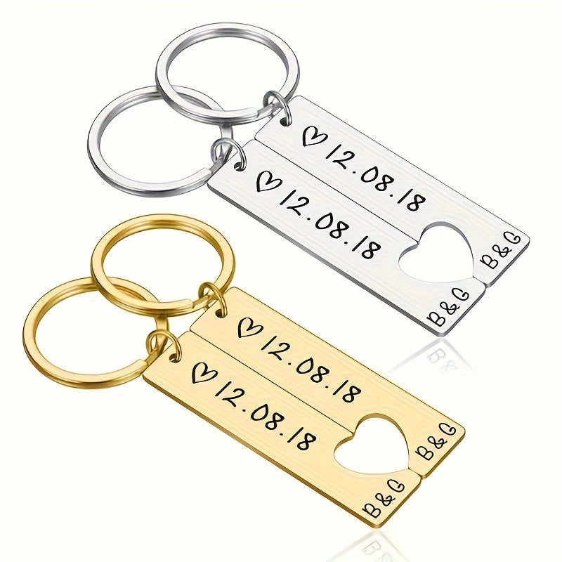 Personalized Stainless Steel Couple Keychains with Date for Anniversary or Birthday