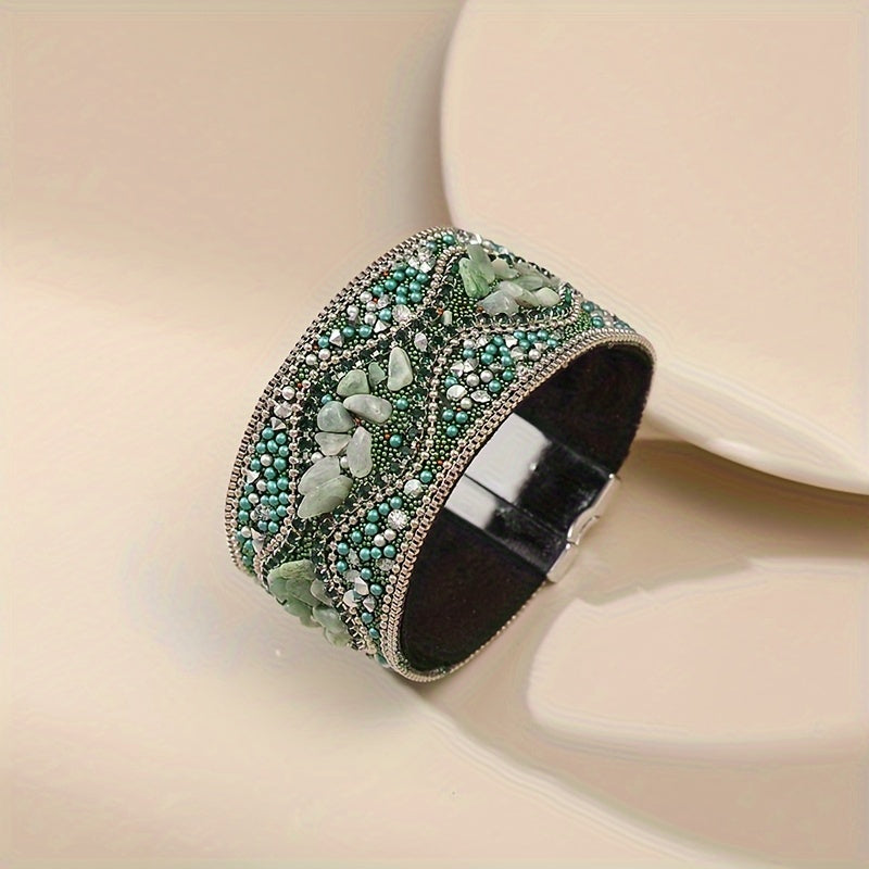 Women's Handmade Natural Stone Bead Faux Leather Bracelet with Magnetic Clasp