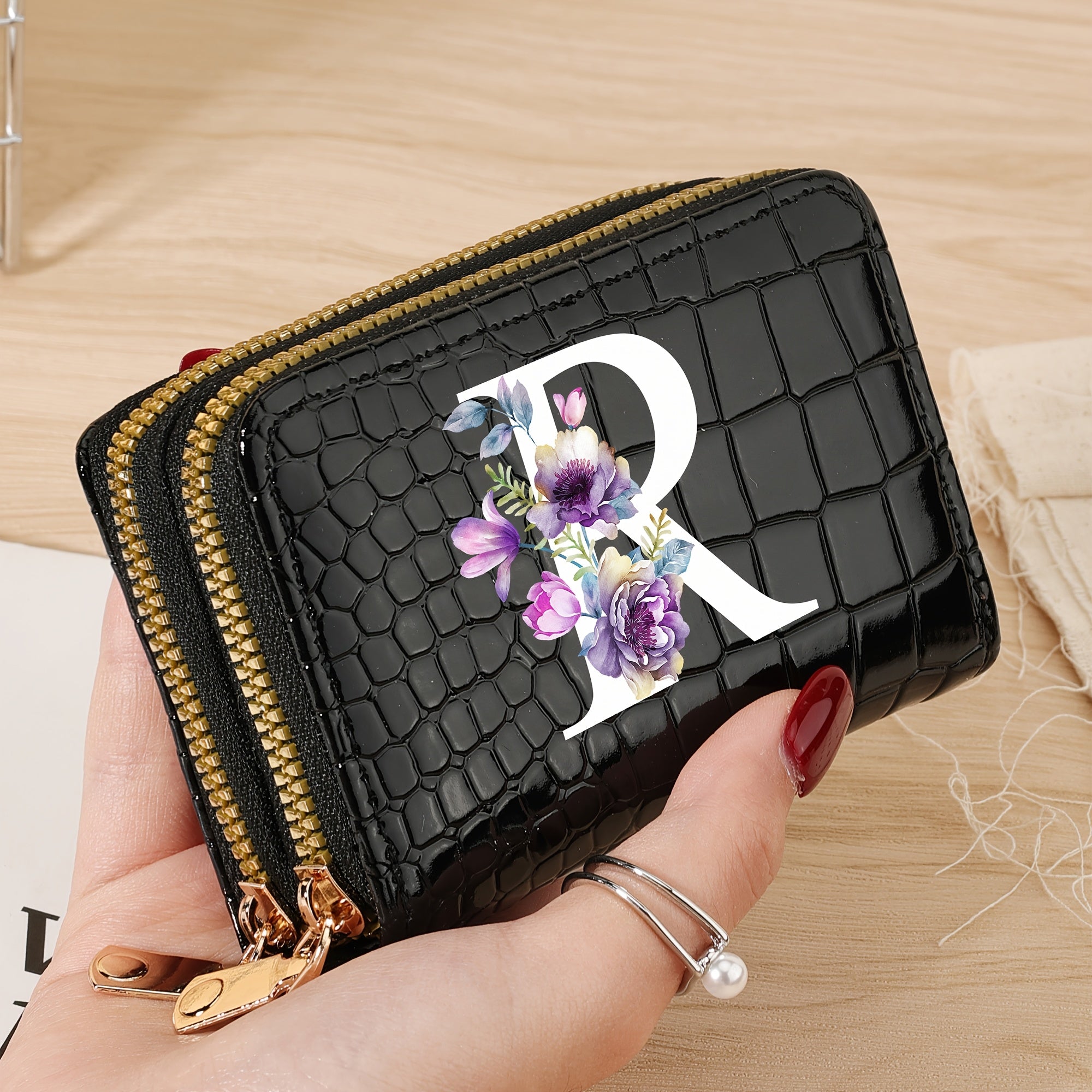 Minimalist Floral Credit Card Holder with Zipper Coin Purse for School and Back-to-School Supplies