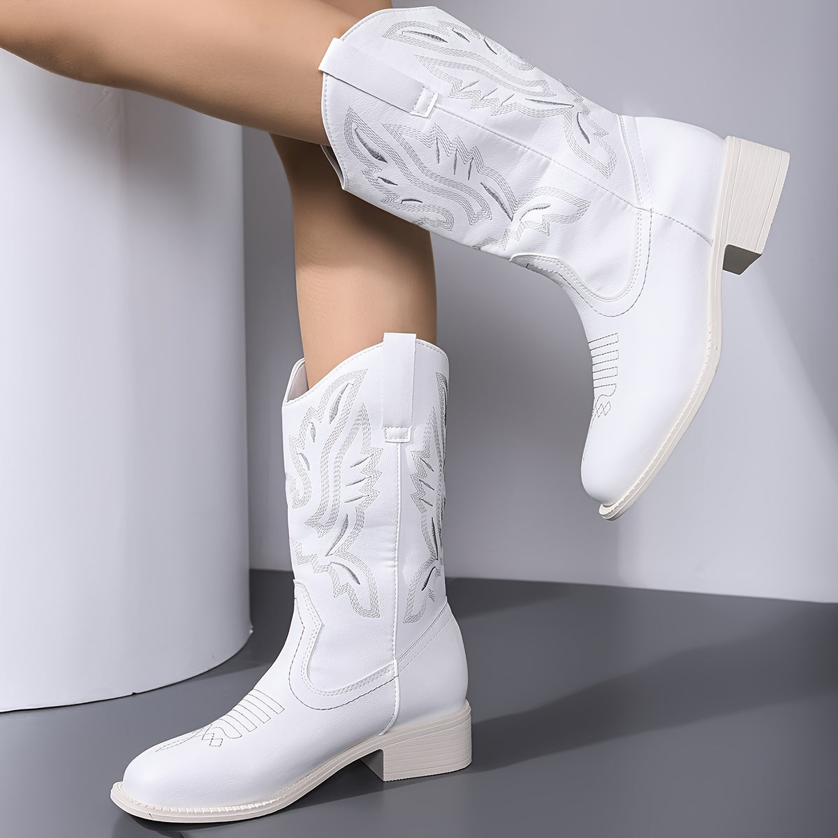 Women's Ankle Boots Floral Embossed PU Leather Wooden Heel Casual Footwear