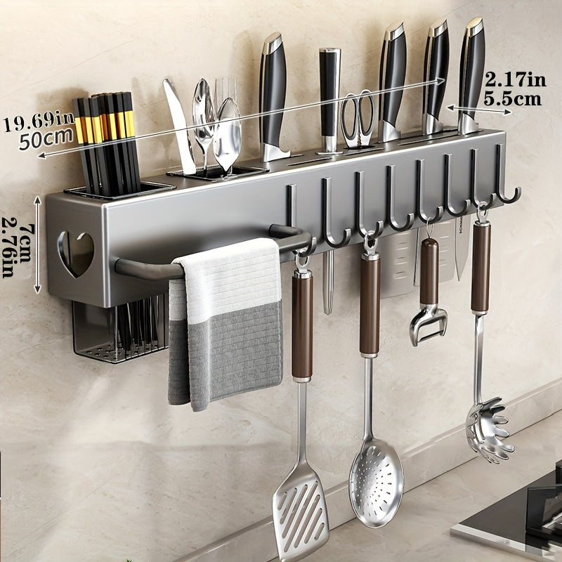 Wall Mount Kitchen Knife Rack with Hooks, Space-Saving Cutlery Organizer