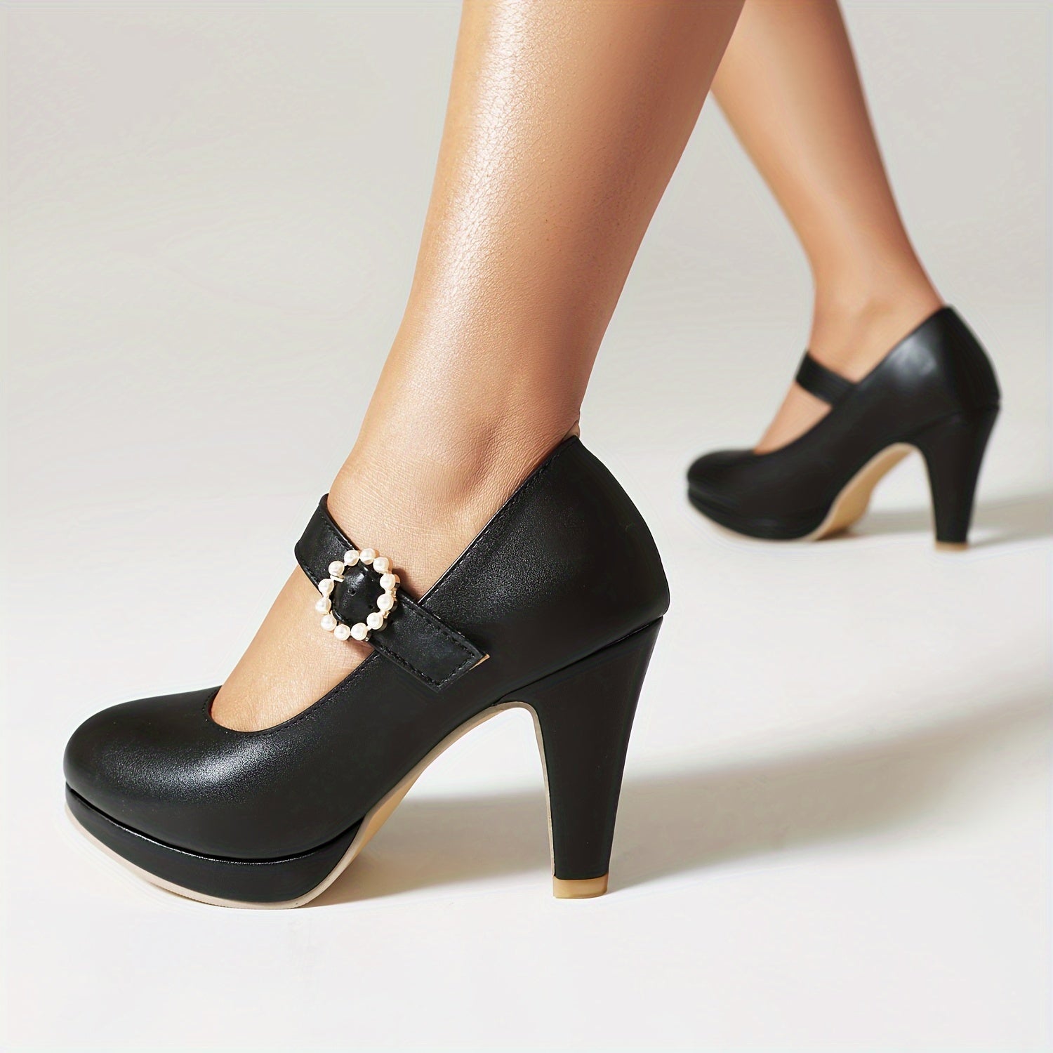 Women's Pearl Buckle Ankle Strap Pumps Solid Color Round Toe Block Heels