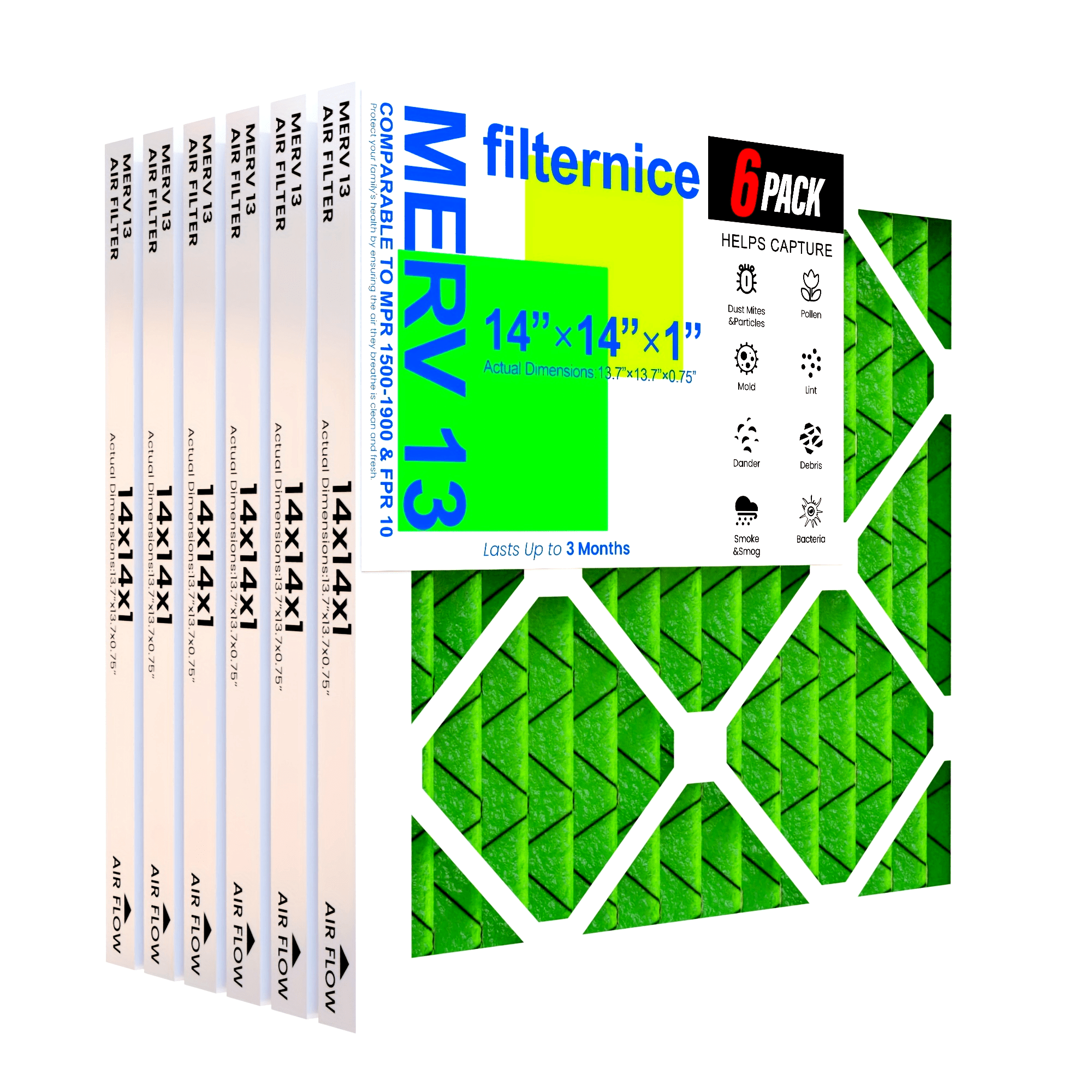 6-Pack 14x14x1 MERV13 Air Filters Electrostatic Pleated HVAC AC Furnace