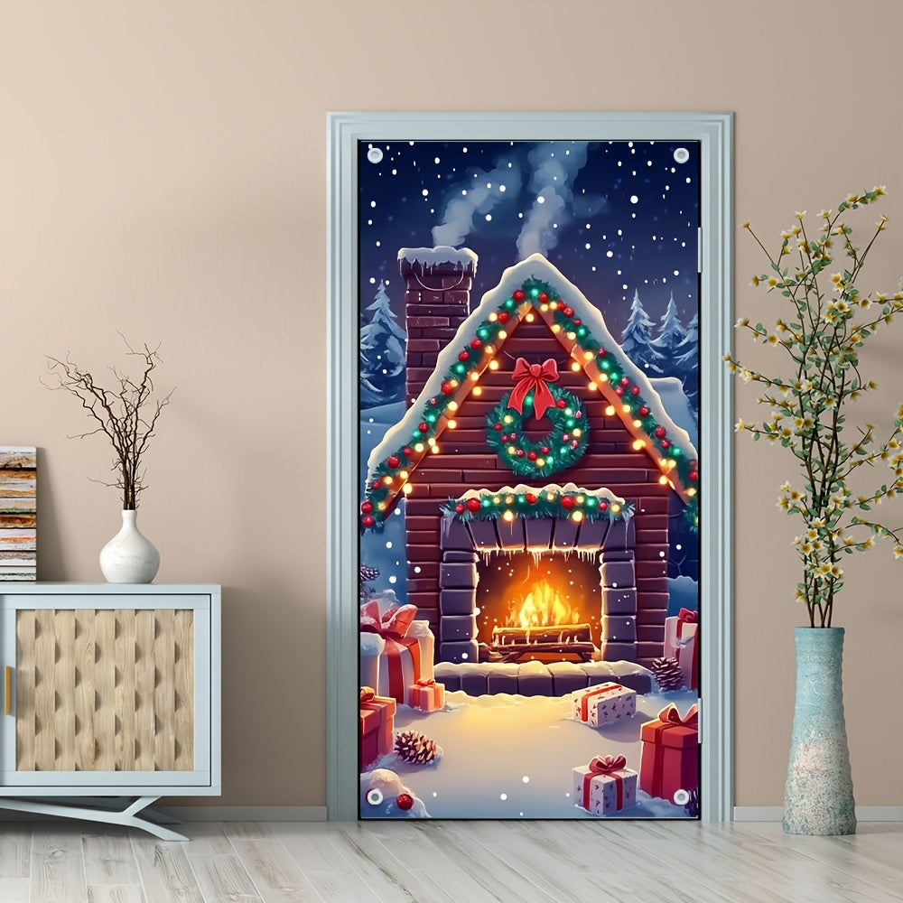 Festive Snowy Fireplace Door Cover for Holiday Winter Events Cozy Entryway