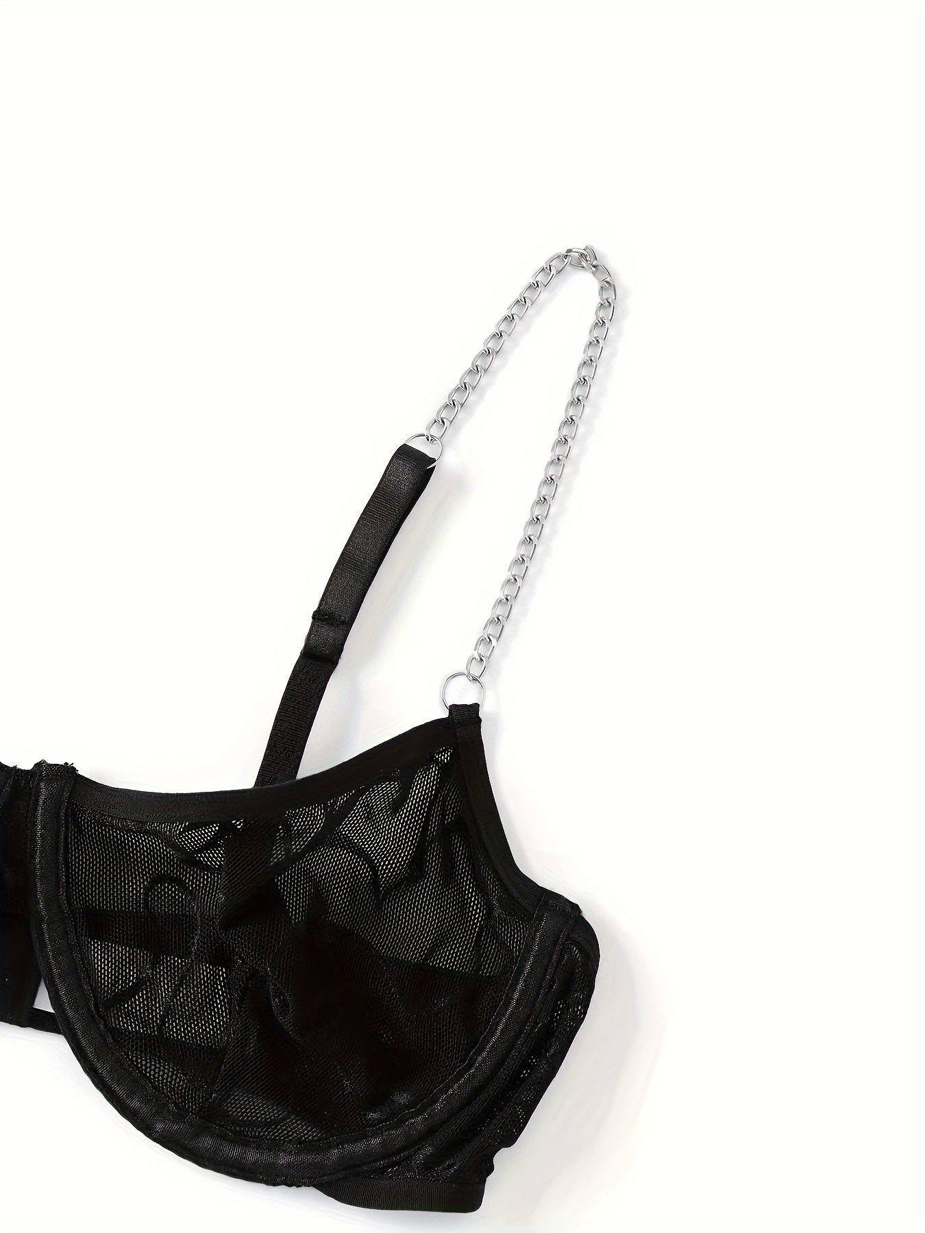 Conjunto de lencería de malla de poliéster para mujer con detalles en contraste y acentos de cadena