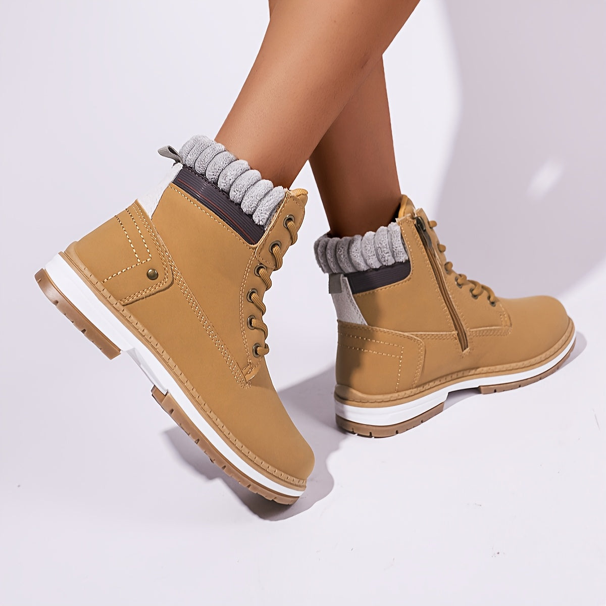 Women's Mid-Calf Ankle Boots Solid Color Flat Heel Zipper Casual Shoes