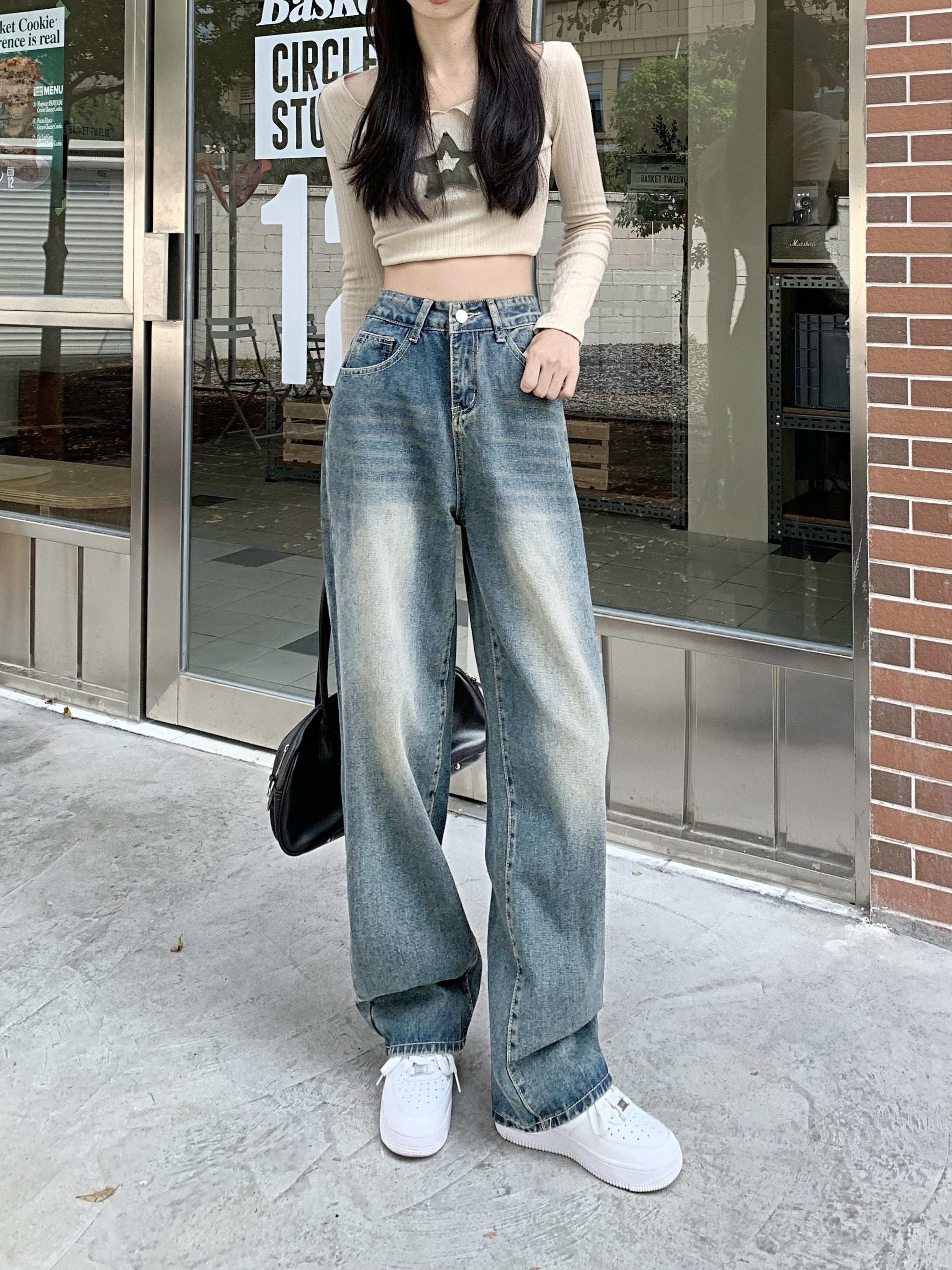 Women’s Vintage High-Waist Straight Leg Jeans Non-Stretch Cotton Polyester Solid Color