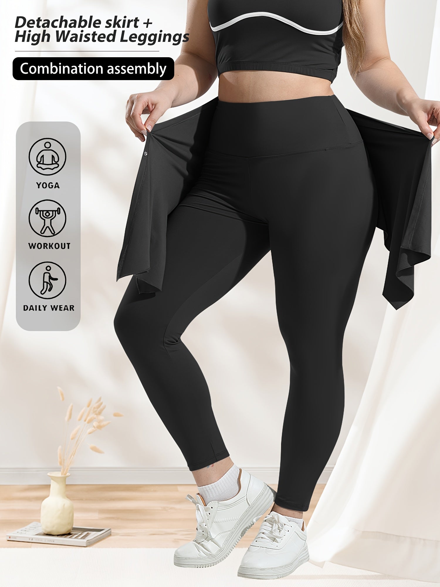 Plus Size Sports Yoga Pants and Asymmetrical Skirt Set for Casual or Yoga Wear