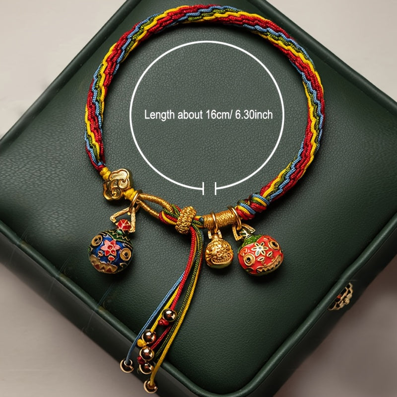 Women’s Handmade Chinese Style Braided Rope Bracelet with Colorful Swallowing Golden Beast Pendant