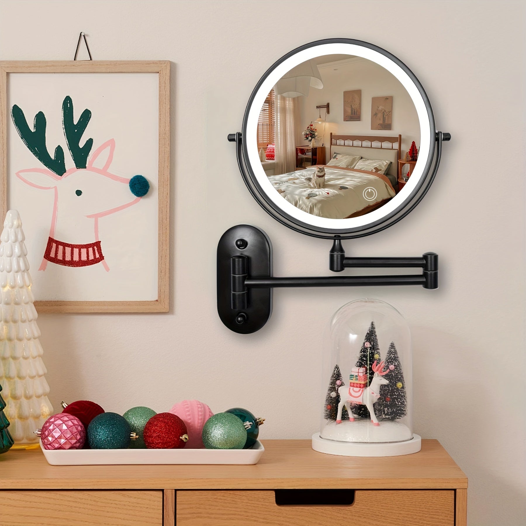 Wall-Mounted LED Makeup Mirror with Double-Sided Magnification 1X/10X Adjustable Brightness Chrome Frame