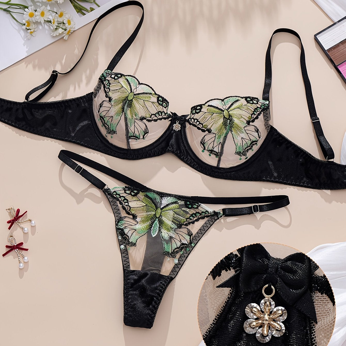 Women's Butterfly Lingerie Set with Sheer Mesh Embroidered Underwire Bra and Thong