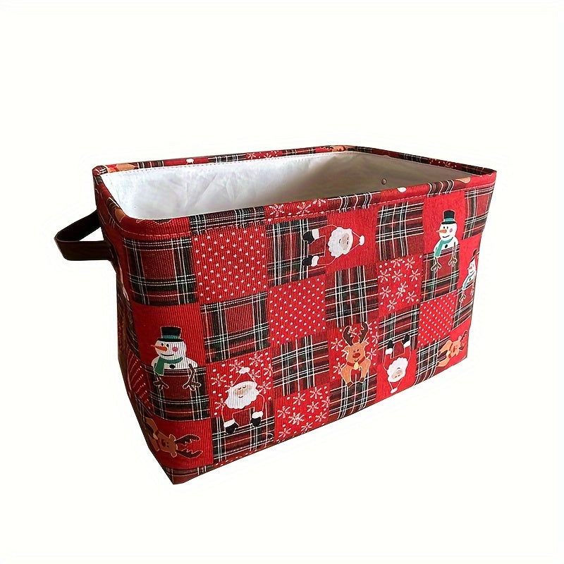 Christmas Fabric Storage Basket with Santa and Reindeer Design Folding Organizer Bin with Handles