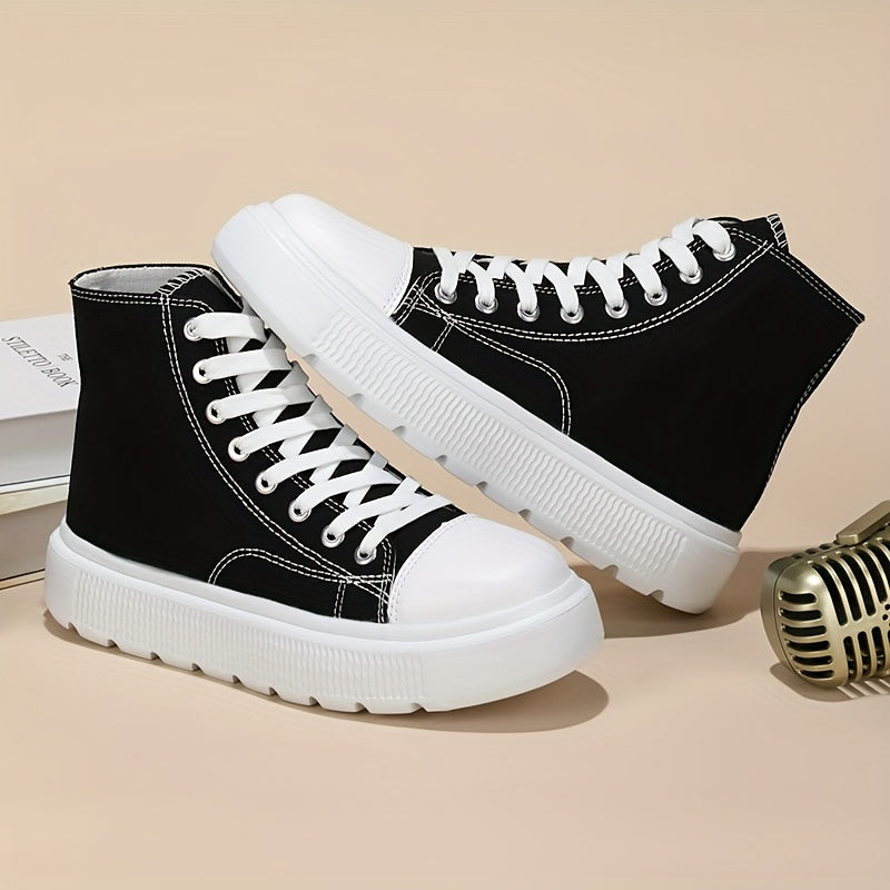 Women's Breathable Canvas Flat High Top Sneakers Black All Season Casual Shoes