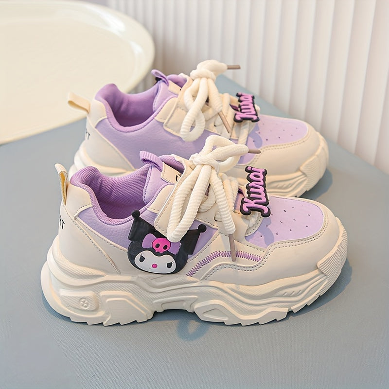 Girls' Pink and White Cartoon Sneakers with Easy-On Closure for Casual Outdoor Wear