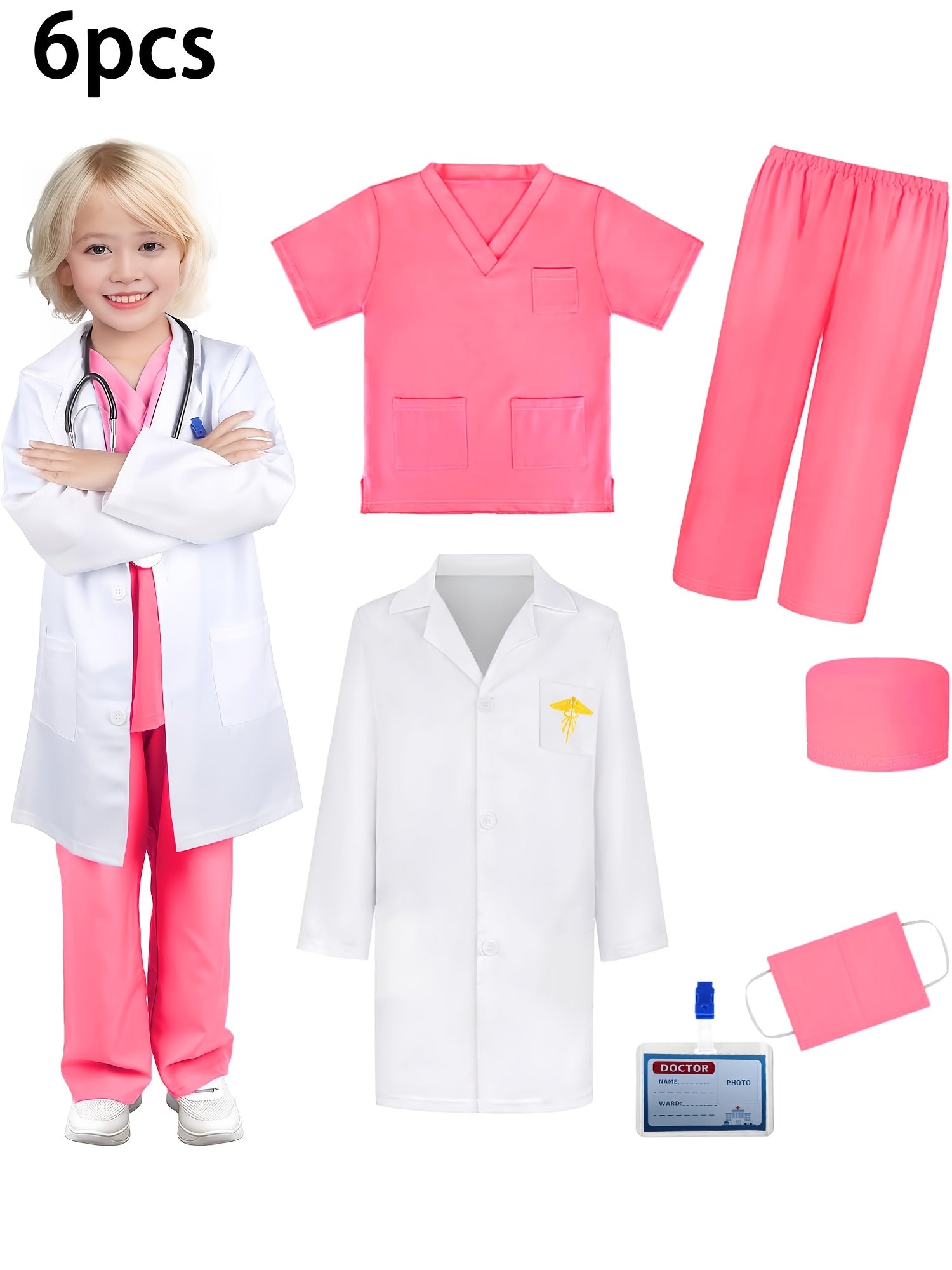 Kids Nurse Costume Set for 3-7 Years Polyester Role-Play Dress Up with V-Neck Top Pants Hat and Coat