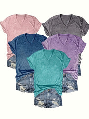 Women’s Solid Color V-Neck T-Shirts Short Sleeve Casual Summer