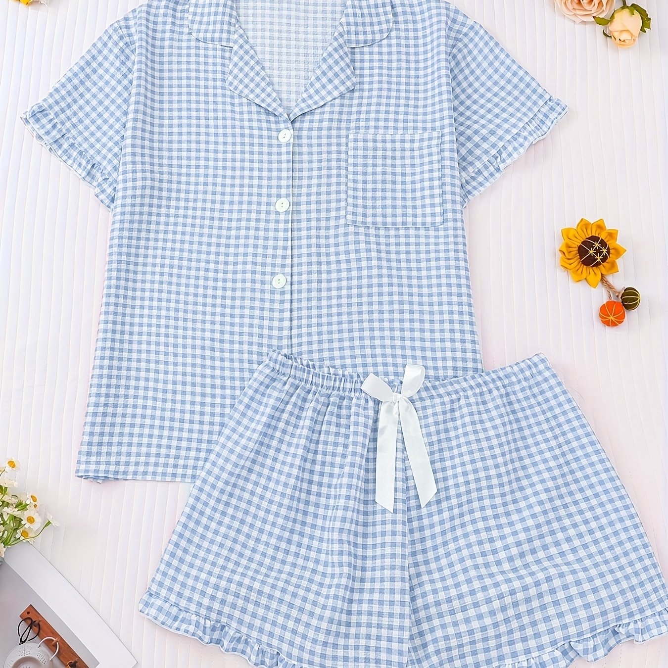 Conjunto de pijama de verano talla grande con ribete de volantes, manga corta y botones a cuadros