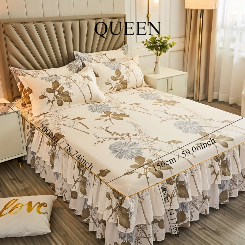 Set of 3 Tropical Floral Bedding Set with Lace Bed Skirt and Pillowcases Ruffled Edges Purple