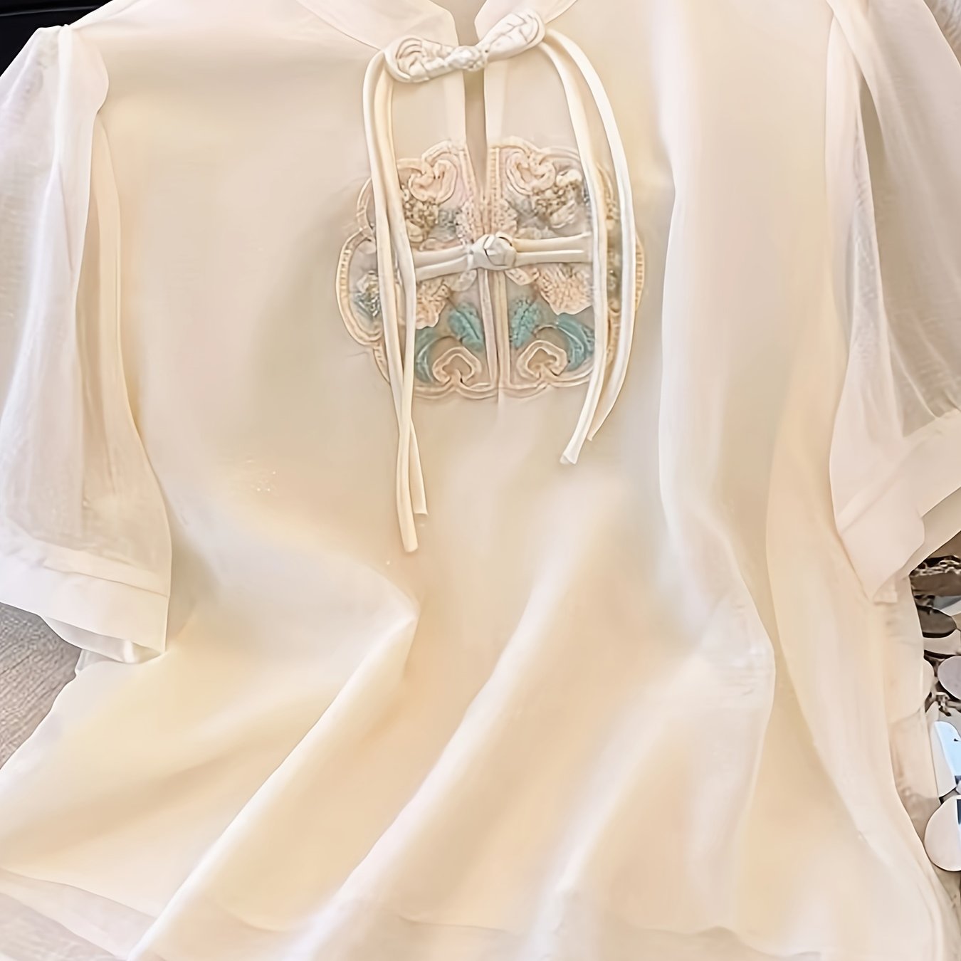 Women's Embroidered Short Sleeve Blouse with Mandarin Collar and Mesh Details