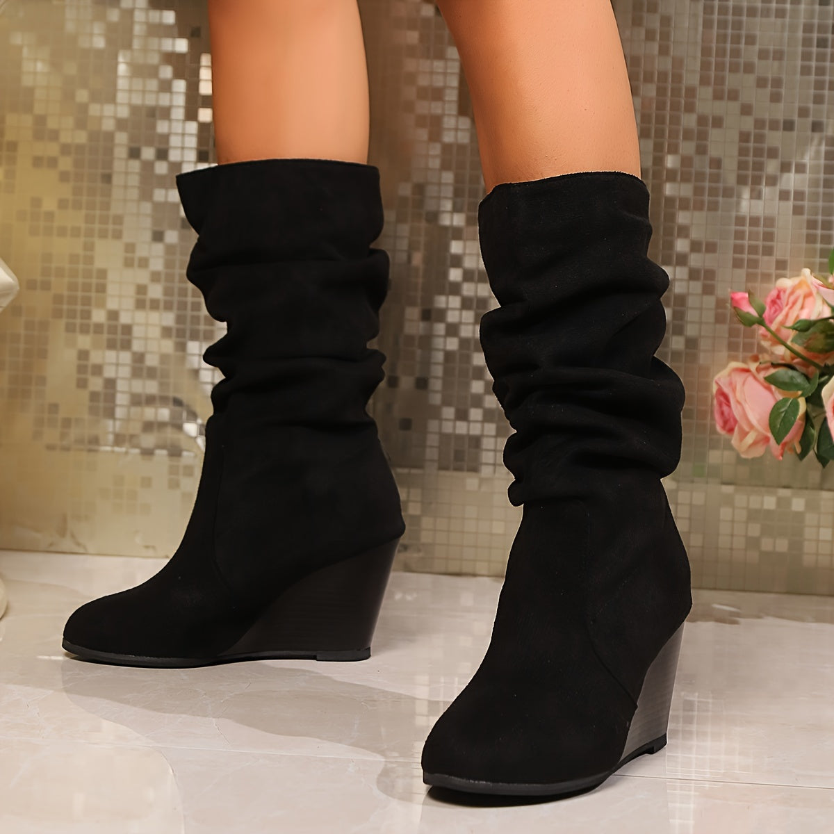 Women's Black Slip-On Wedge Heel Boots Mid-Calf Casual Travel