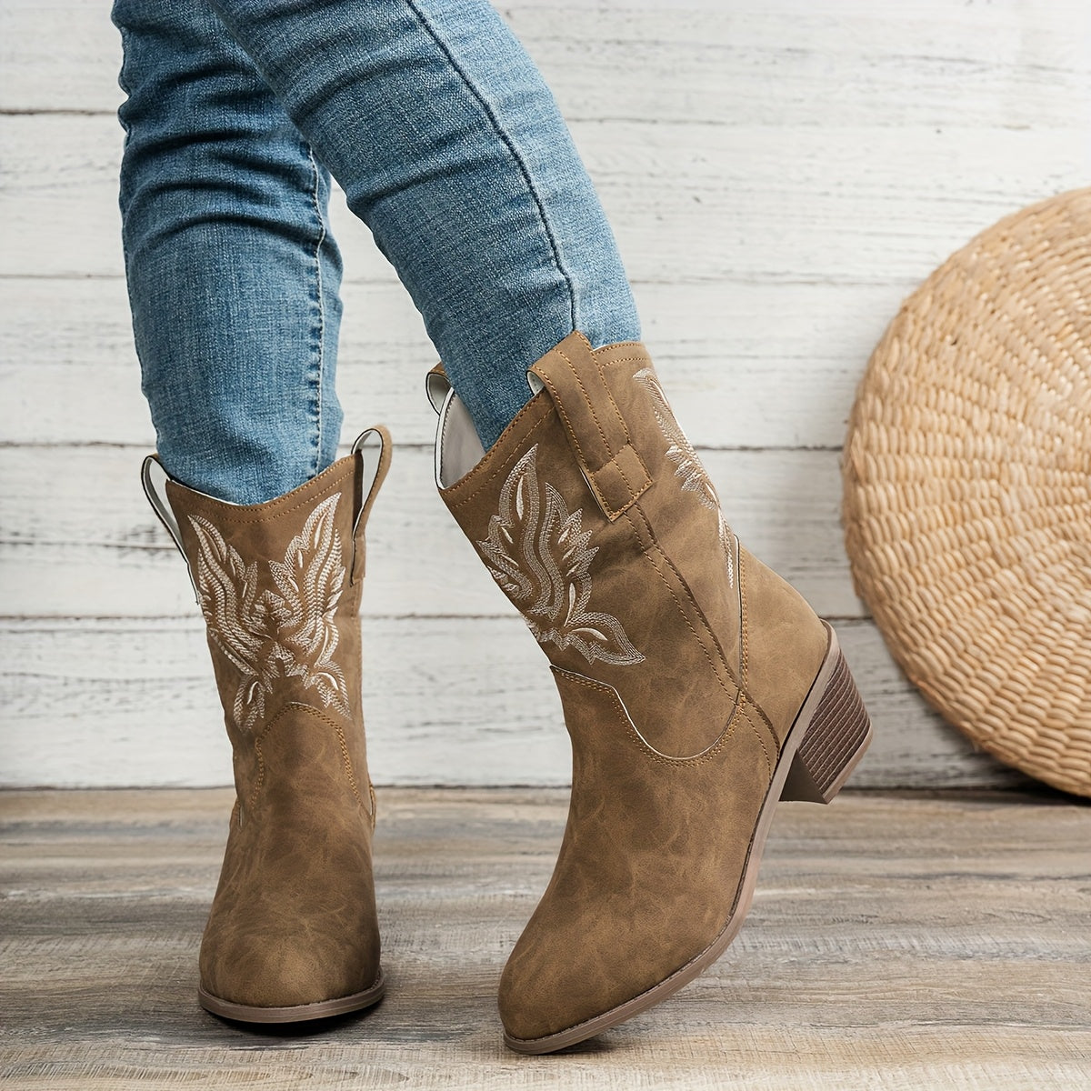 Women's Leather Cowboy Boots with Pointed Toe and Chunky Heel