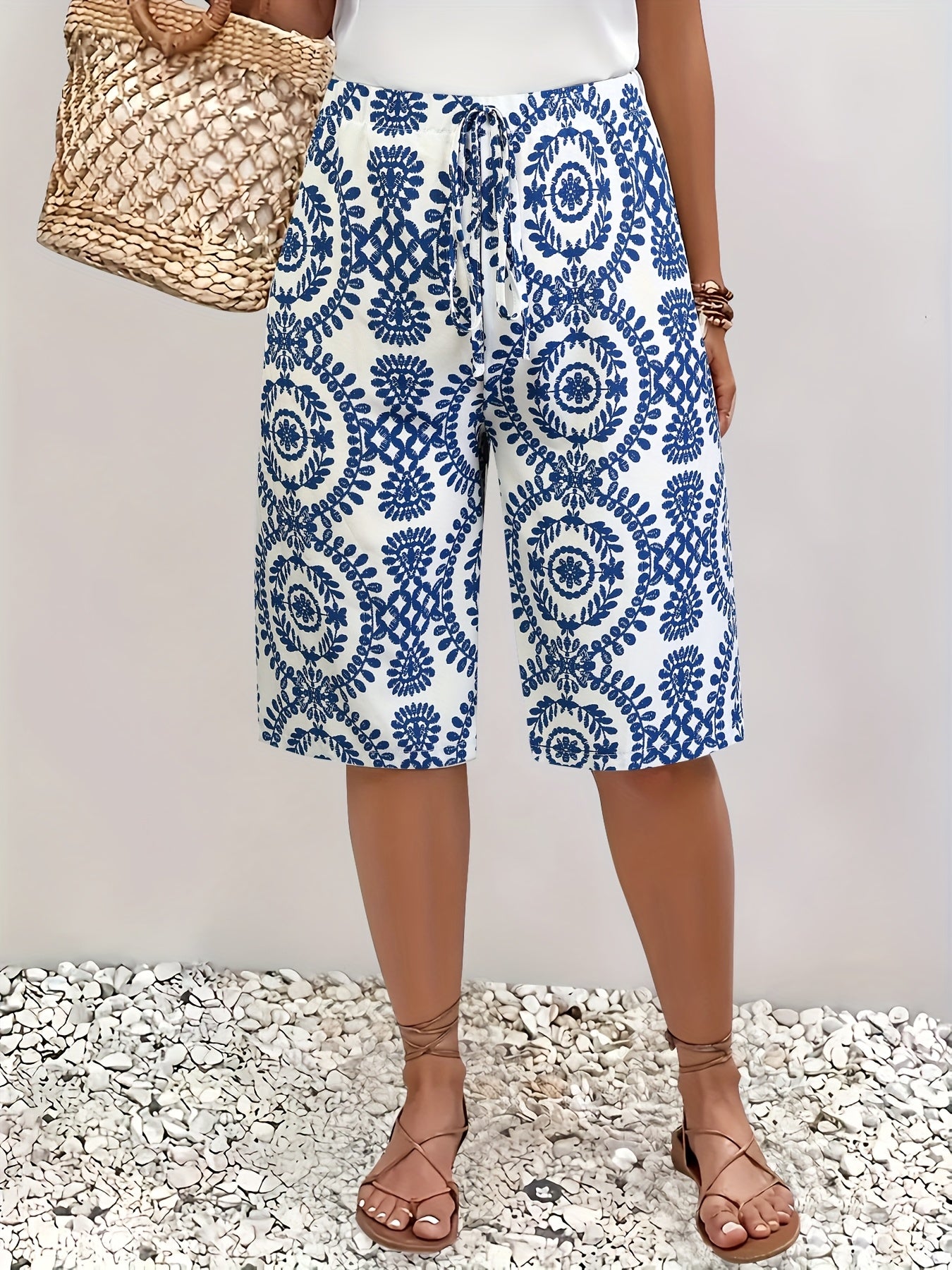 Women's Plus Size Blue White Mandala Print Bermuda Shorts Lightweight Polyester Casual Beachwear