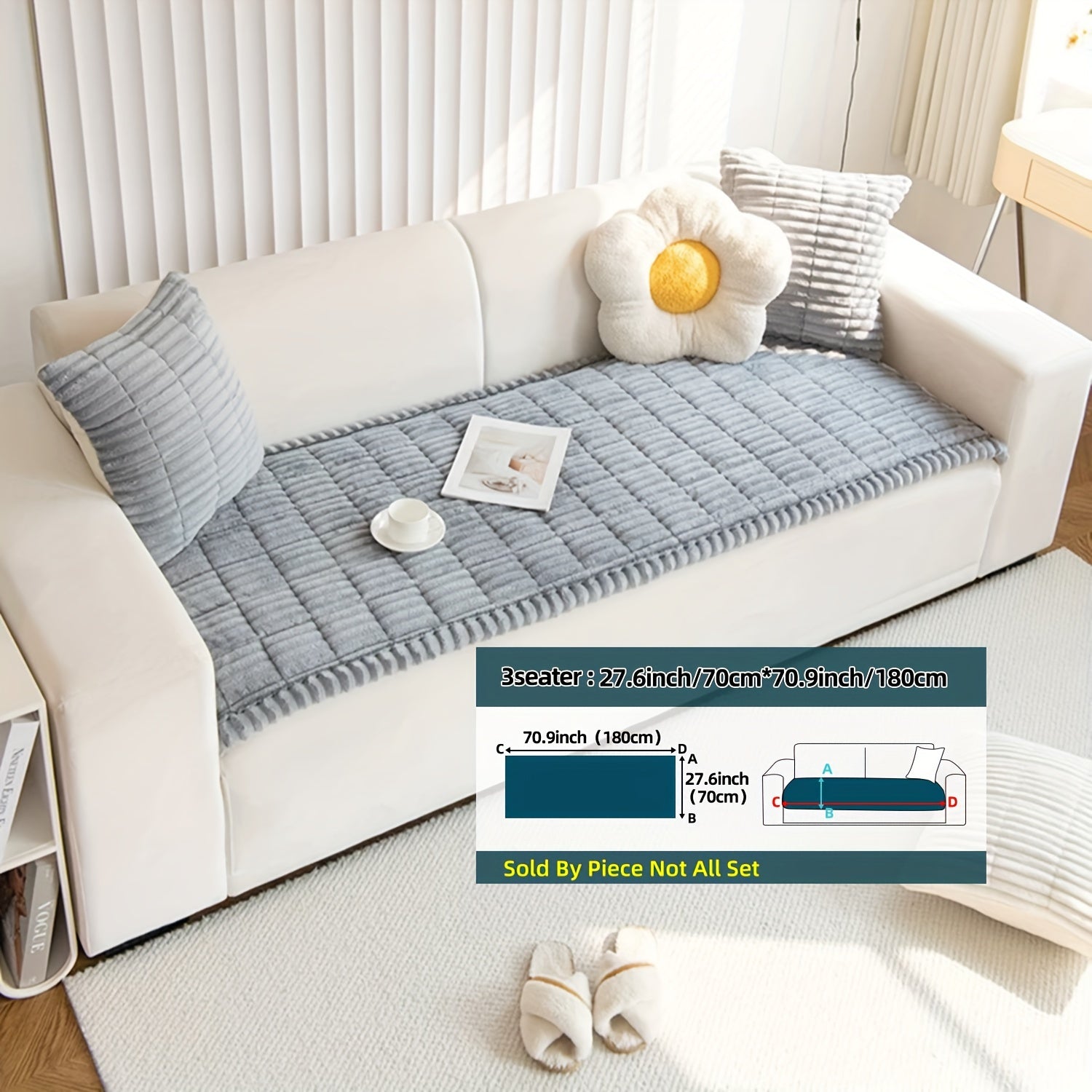 Boho Style Quilted Short Plush Sofa Cover with Ruffle Design Non-Slip Pet Friendly Machine Washable