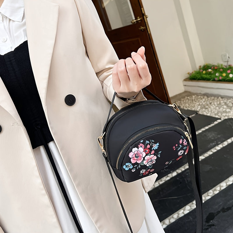 Floral Nylon Crossbody Bag for Women with Adjustable Strap and Zipper Closure