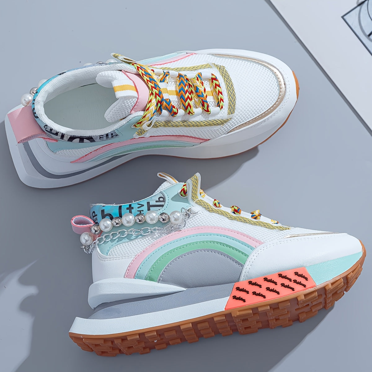 Women’s Fashion Sneakers with Colorful Laces and Bead Embellishments