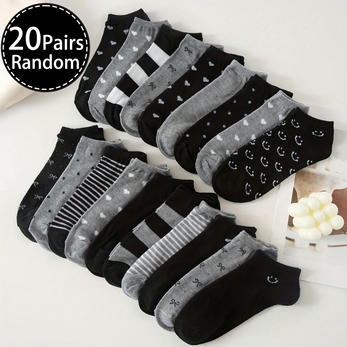 Women's Ankle Socks Black Grey Geometric Pattern 10 Pairs Knit Fabric Spandex