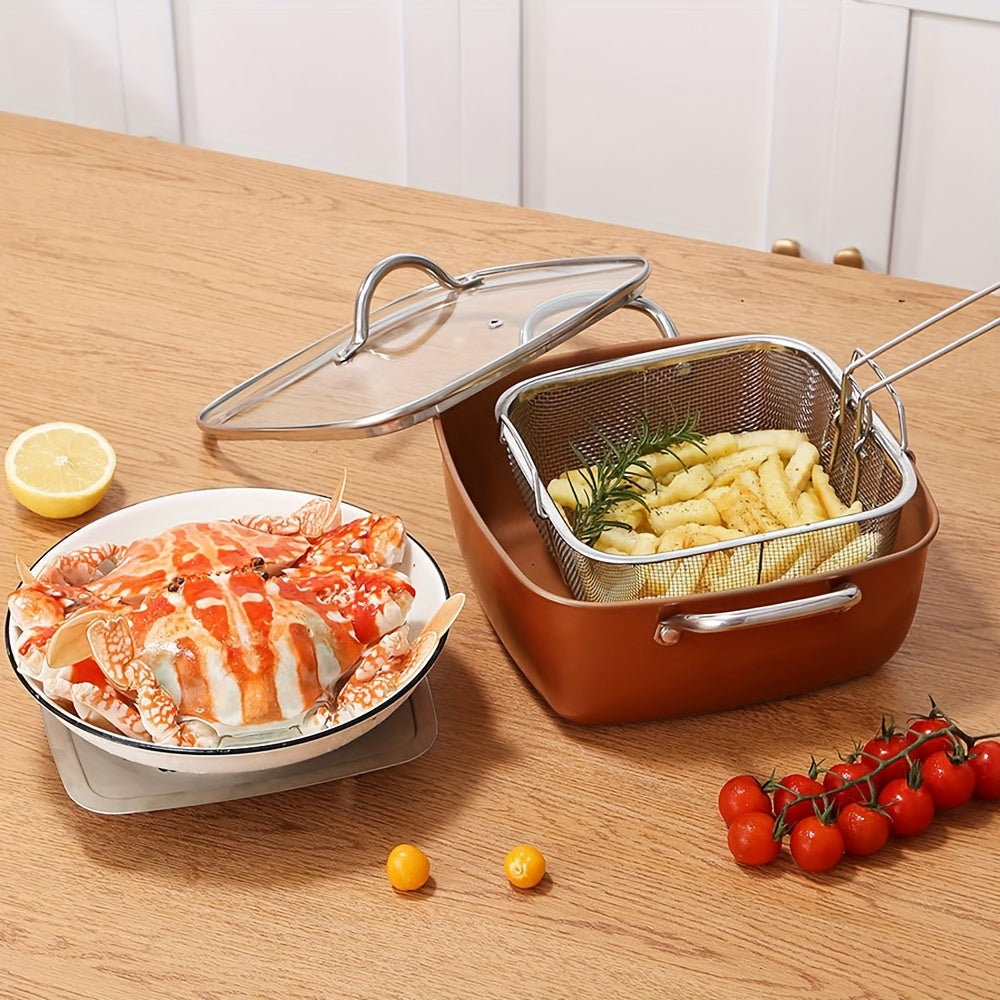 Juego de freidora profunda de acero inoxidable con base de inducción, tapa, cesta de malla y vaporizador