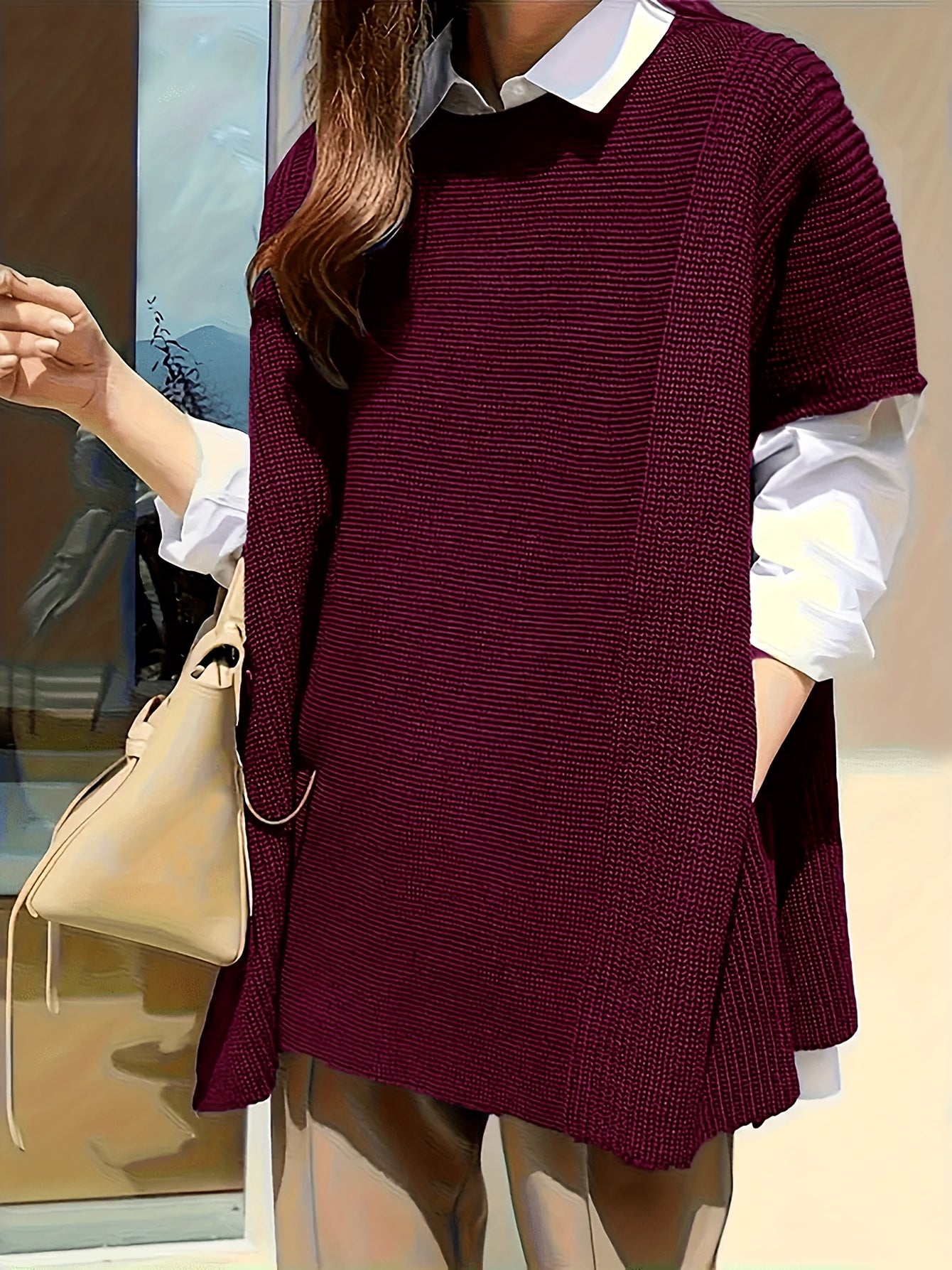 Women's Plus Size Short Sleeve Crew Neck Sweater with Side Seams