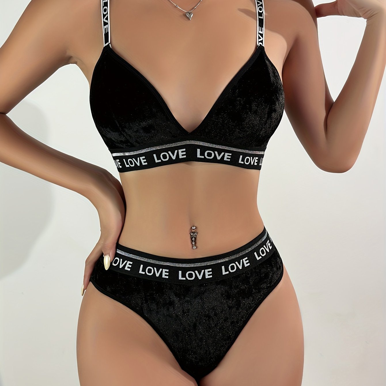 Women's Lingerie Set with Letter Strap Detail Polyester Blend Solid Color No Padding Bra Mid-Rise Briefs Comfortable Knit Fabric