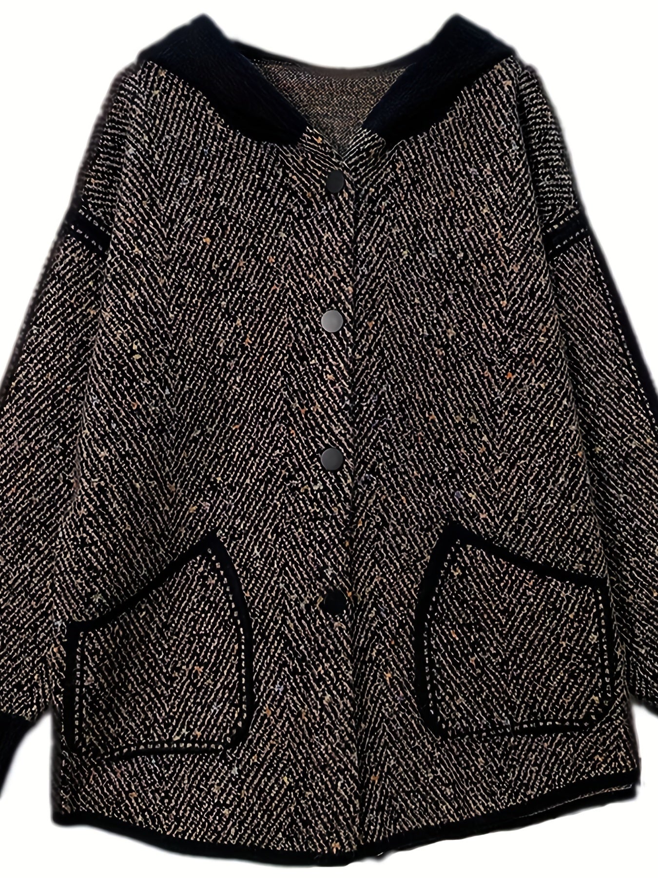 Kapüşonli jaket, tugmachali old qismi, cho'ntaklar, tasodifiy kiyim uchun mukammal. Ayollar uchun.