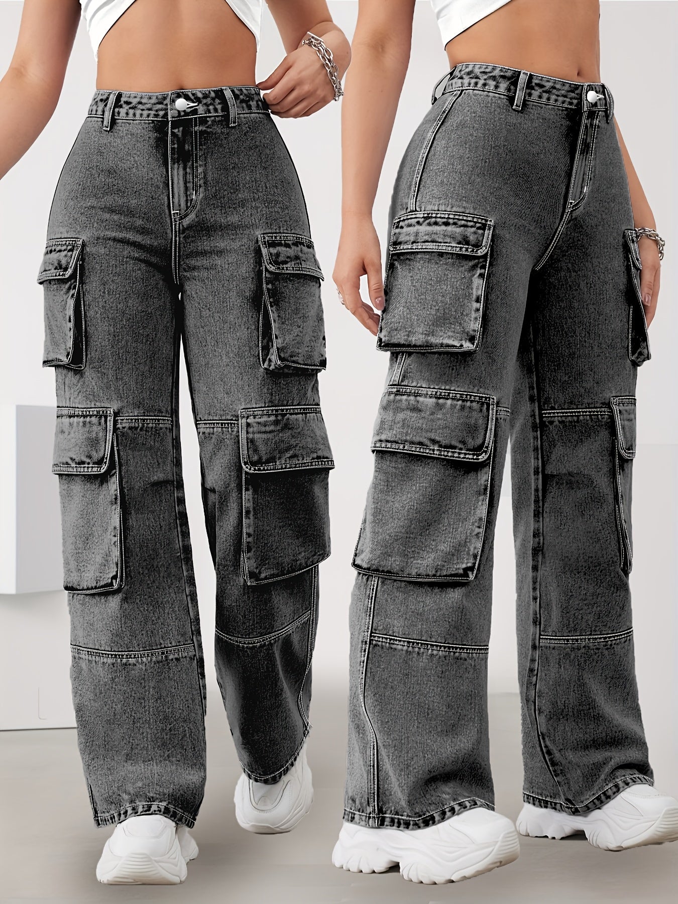 Plus Size Cargo Jeans Women High Waist Wide Leg Denim Spring Summer