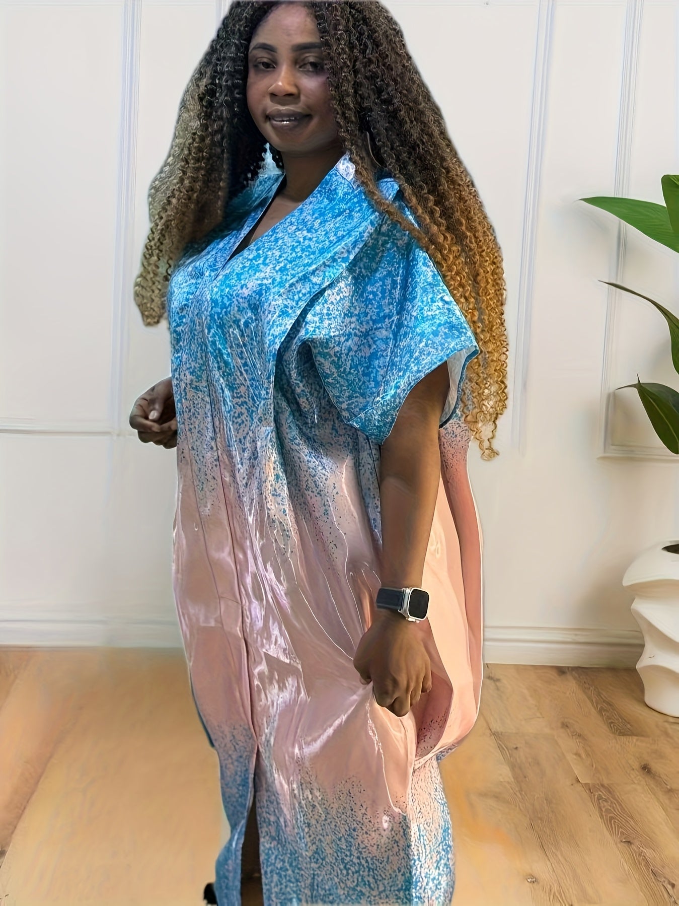 Plus o'lcham ayollar uchun gradient bosma kaftan kiyi qisqa qo'l, erkin fit, rang-barang yashil va sariq