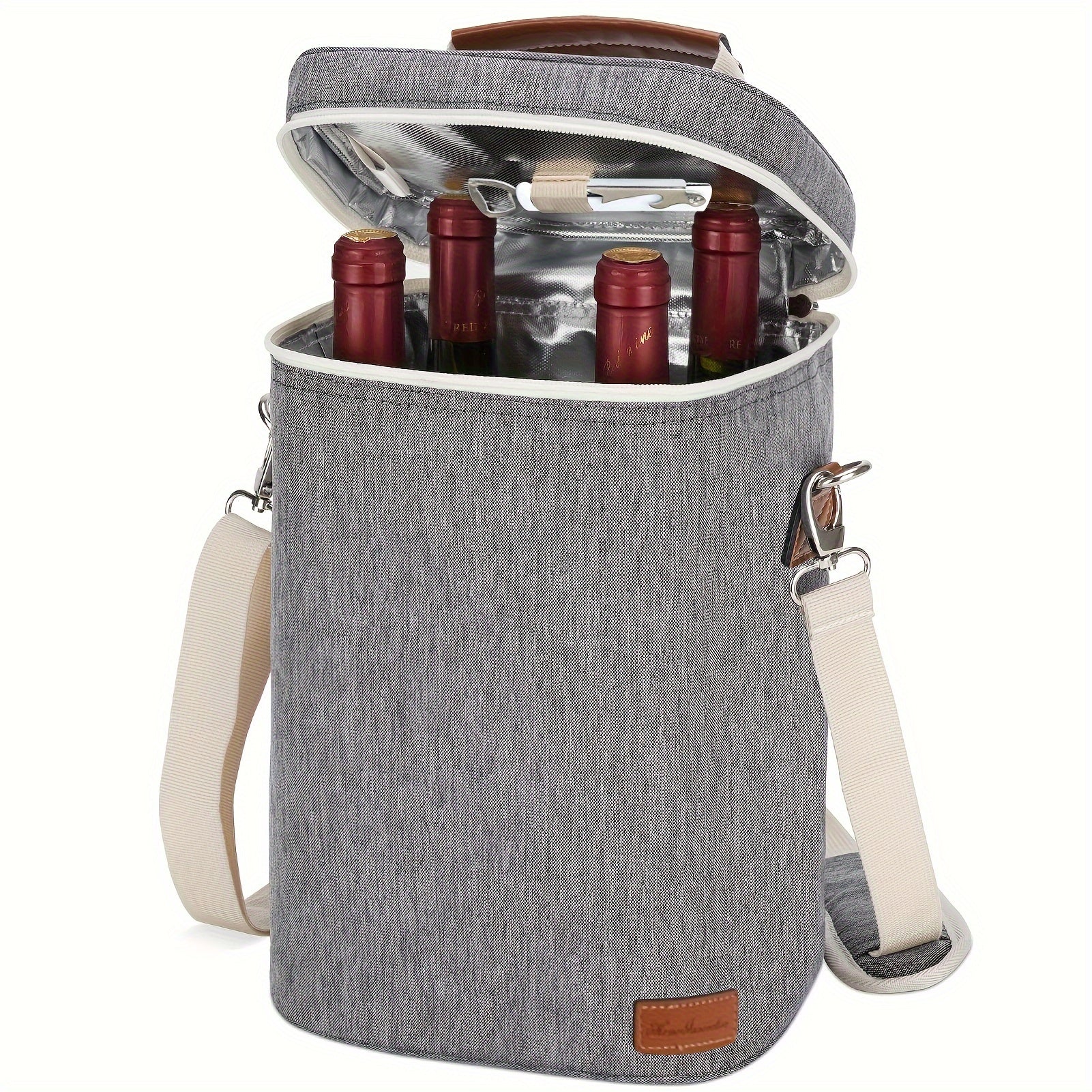 Insulated Wax Canvas Wine Tote Bag Holds 4 Bottles with Wine Opener for Travel Beach Weddings