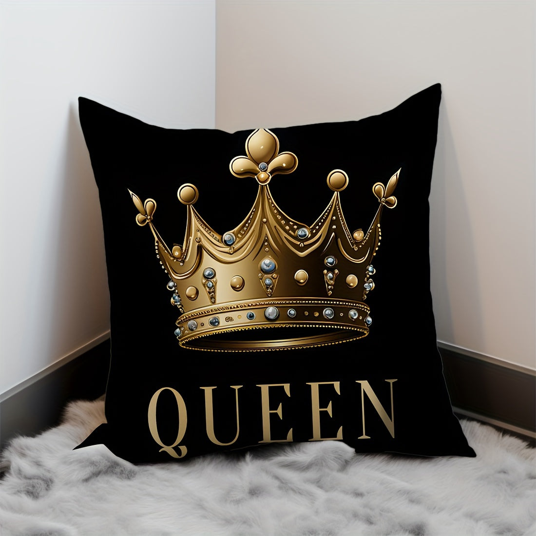 Set of 1 or 2 Peach Skin Pillowcases 45x45cm with Black Background Golden Crown Design for Sofa Bed Bedroom Decor