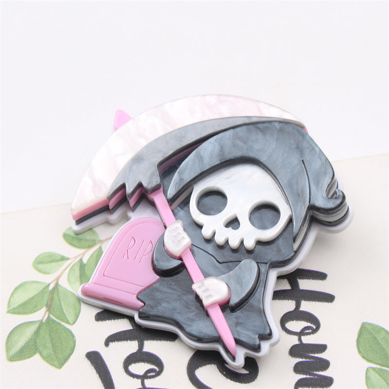 Halloween Costume Accessory Brooch, Grim Reaper Hand Scythe and Tombstone Pin, Acrylic Halloween Jewelry