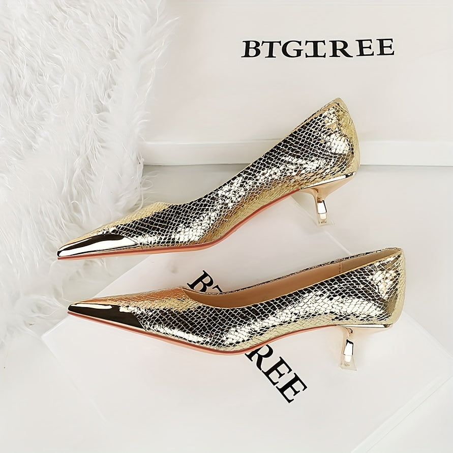 Women's Mid-Heel Pumps with Metallic Toe and Sequin Snake Pattern