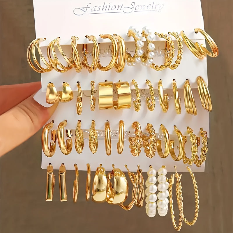 Women's Heart and Faux Pearl Hoop Earrings 24 Pairs Cute Luxurious Style