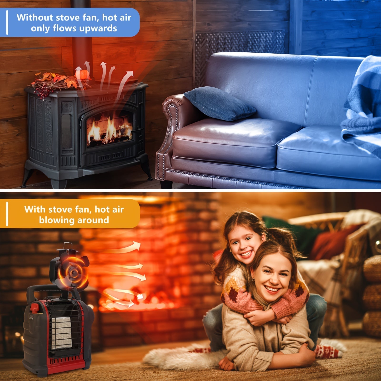 Wood Burning Stove Fan 4-Blade Heat Powered Silent Motor for Gas Pellet Log Stoves