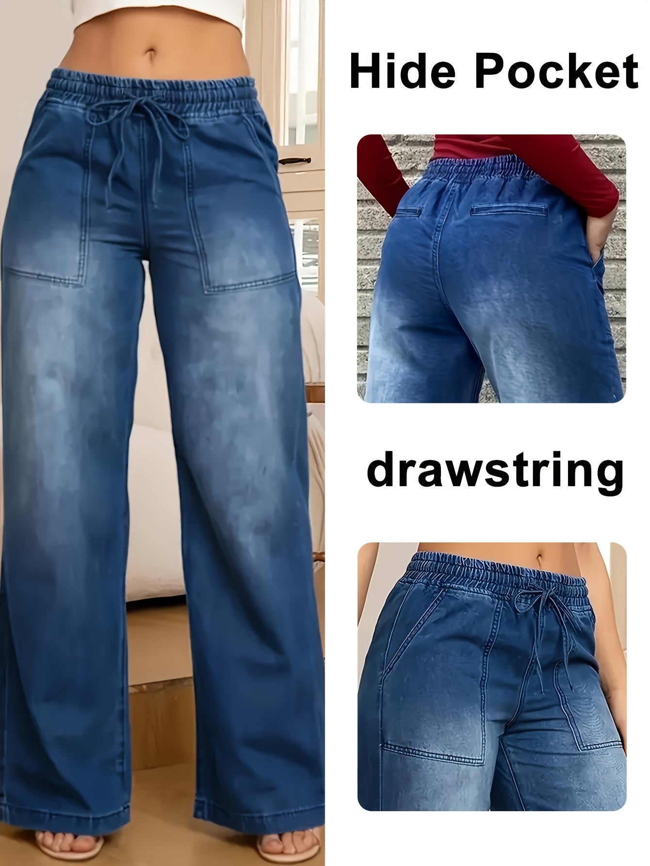 Women's Plus Size Blue Wide-Leg Jeans with Elastic Waist and Drawstring