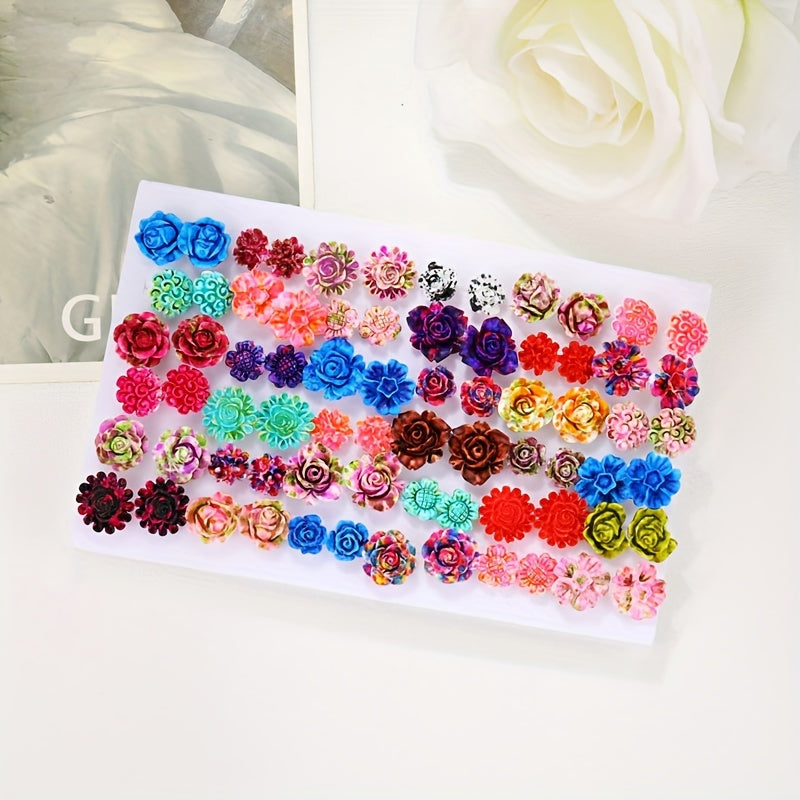 Set of 36 Boho Chic Colorful Rose Stud Earrings for Men Women Resin Flower Gift
