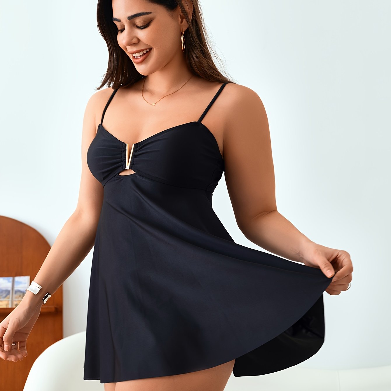 Women's Two-Piece Tankini Swimsuit Solid Color High Stretch V-Neck Beachwear