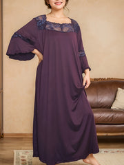 Plus Size Women's Lace Trim Sleep Dress with Ruffled Shoulders and Pocket