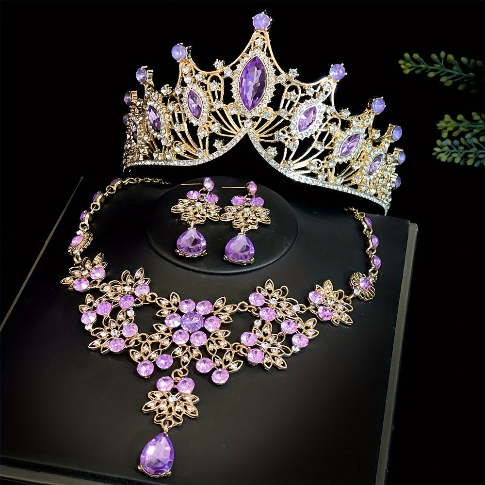 3-Piece Bridal Jewelry Set Tiara Necklace Earrings for Wedding and Photos